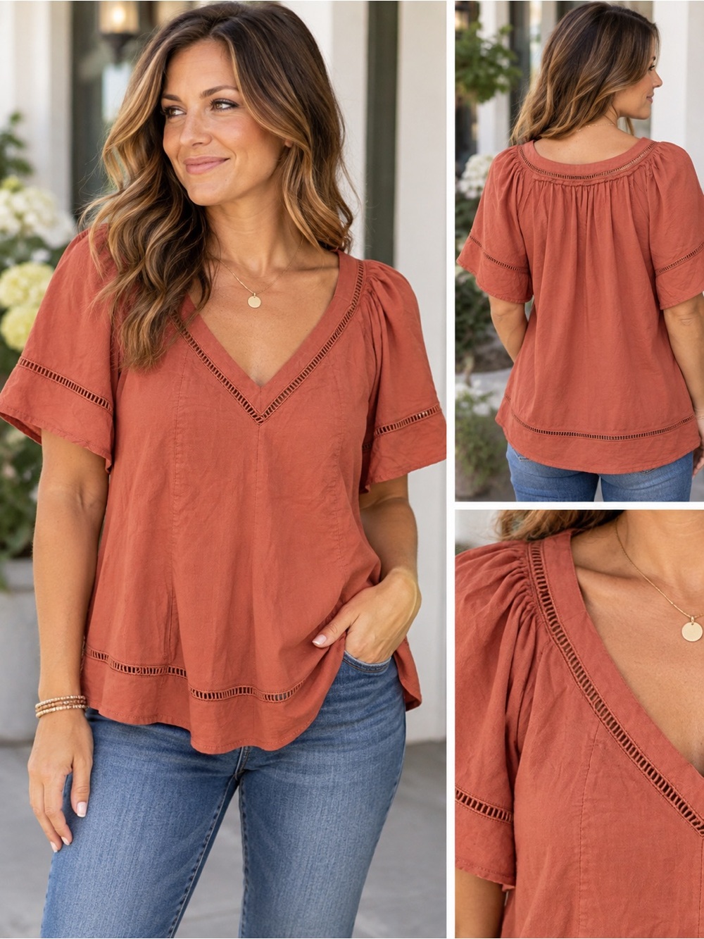 Old Navy Rust V-Neck Short Sleeve Blouse